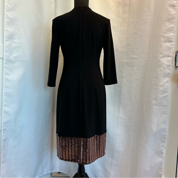 Joseph Ribkoff black V-neck sheath dress metallic Rose Gold sequin accents 6 NWT - Picture 6 of 15